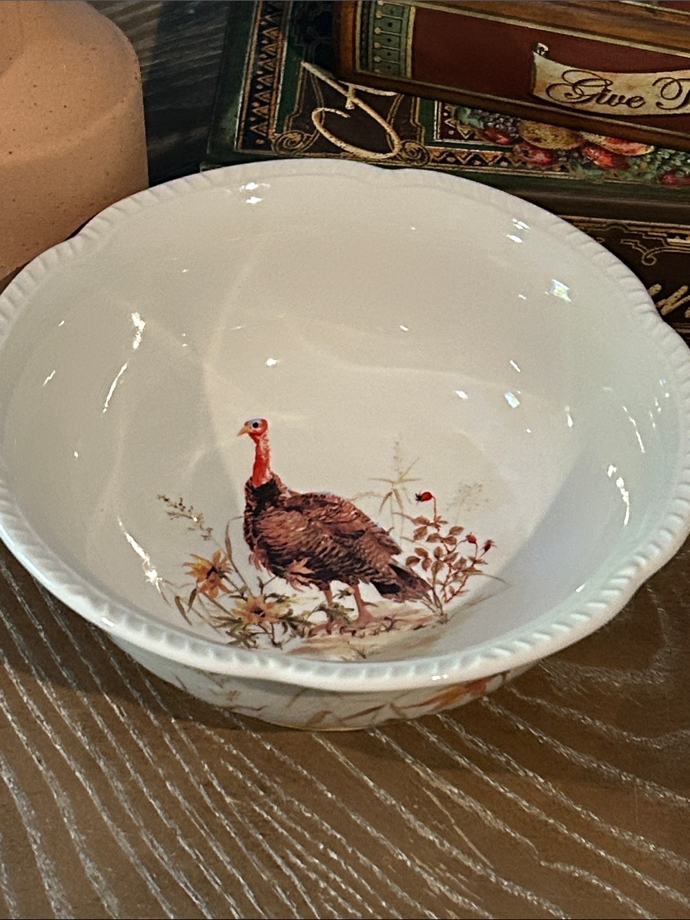 NEW! Thanksgiving Turkey White Ceramic Floral Serving Bowl
